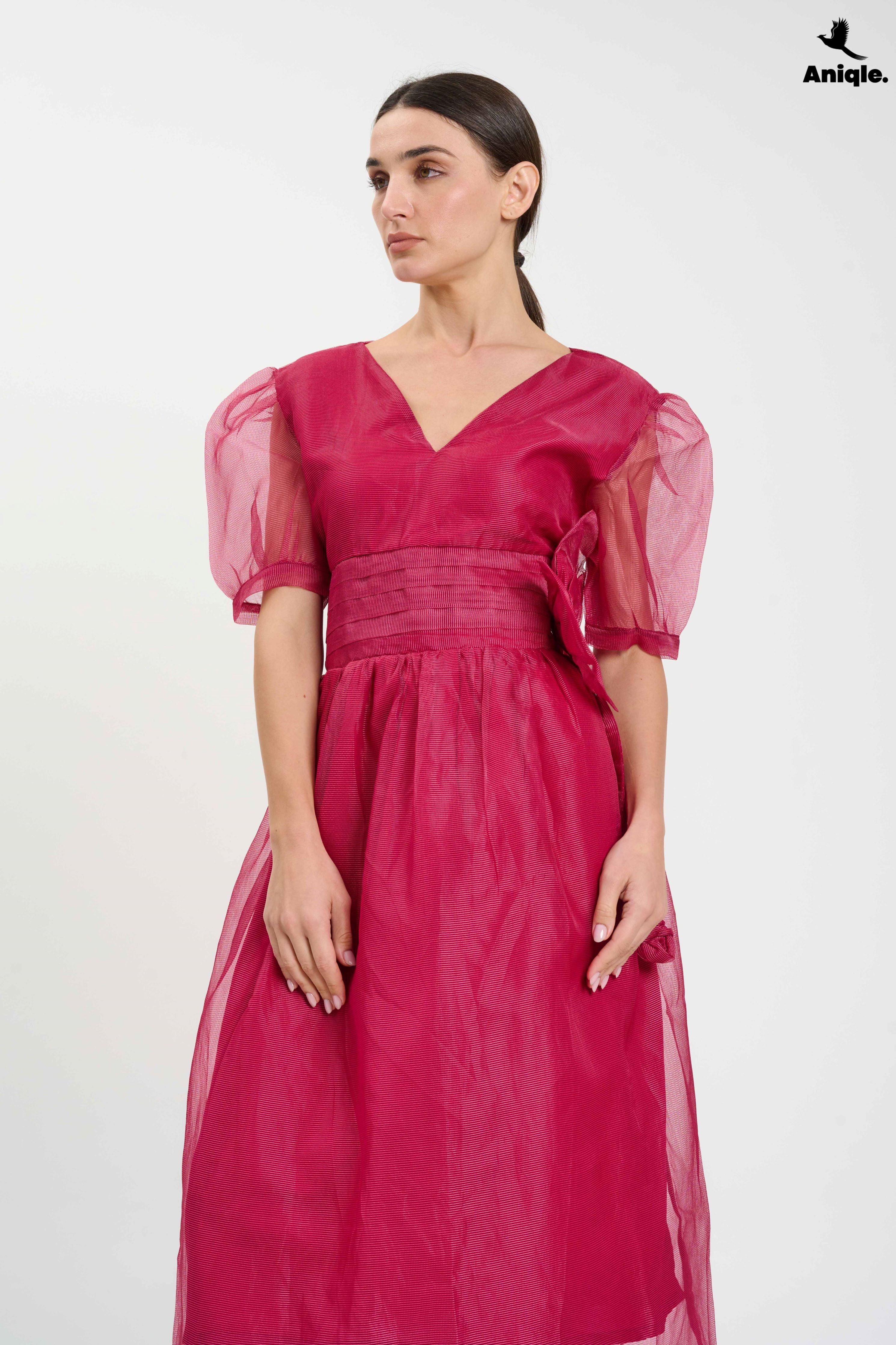 ANQ-10019 Fuchsia Organza Puff-Sleeve Dress