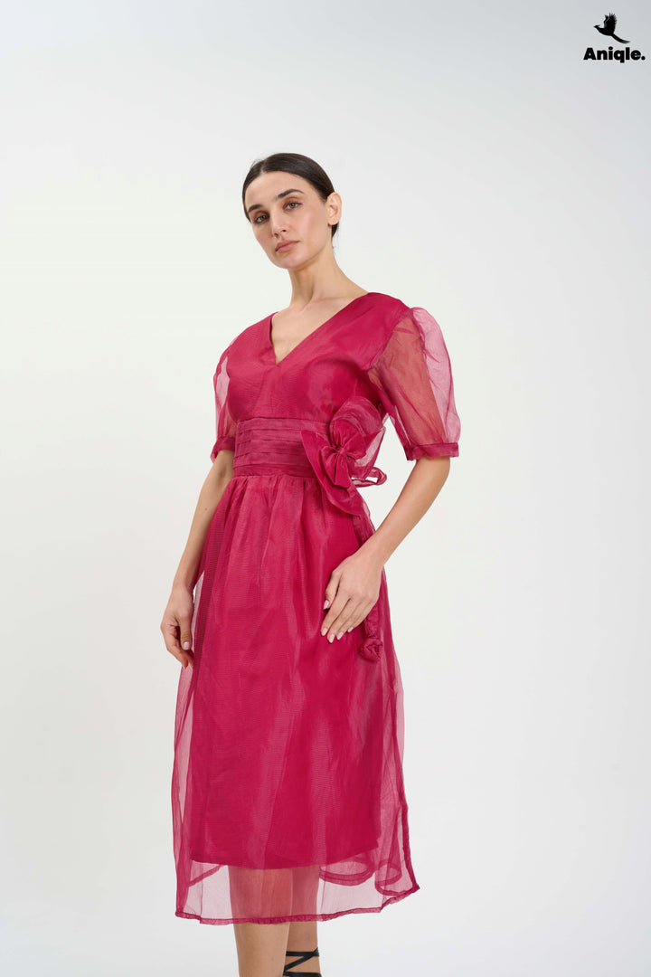 Fuchsia Organza Puff-Sleeve Dress