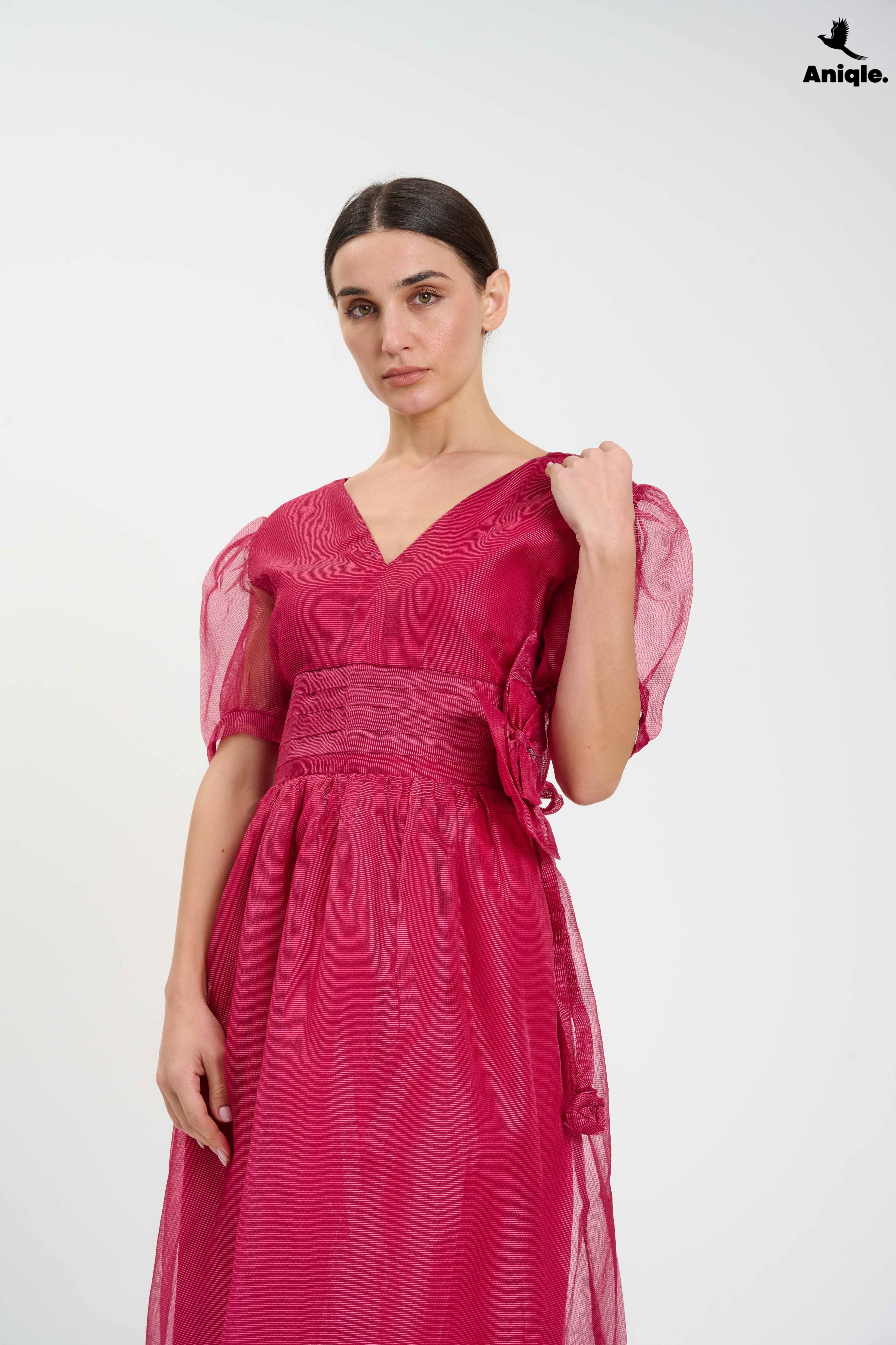 ANQ-10019 Fuchsia Organza Puff-Sleeve Dress