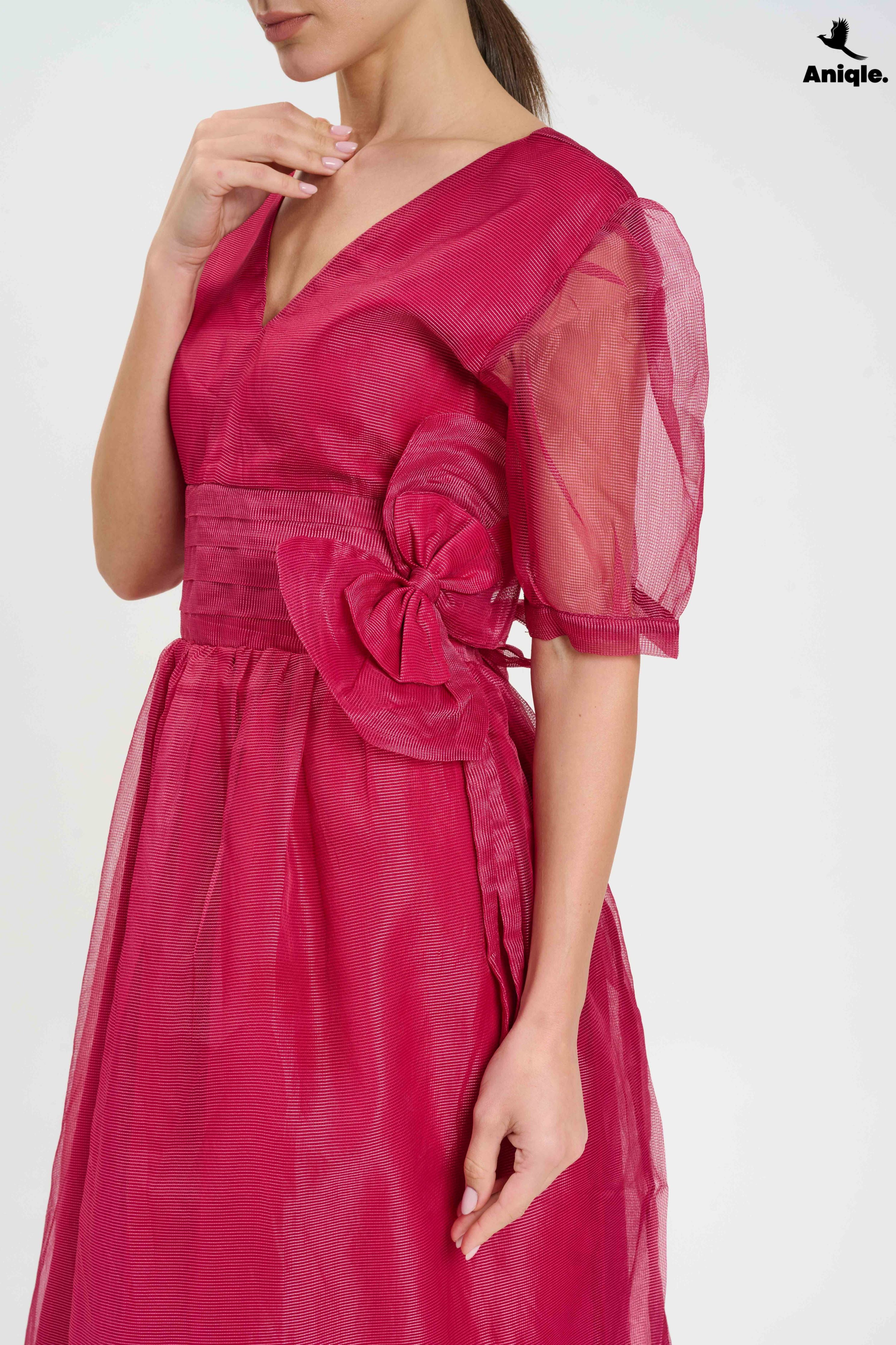 ANQ-10019 Fuchsia Organza Puff-Sleeve Dress