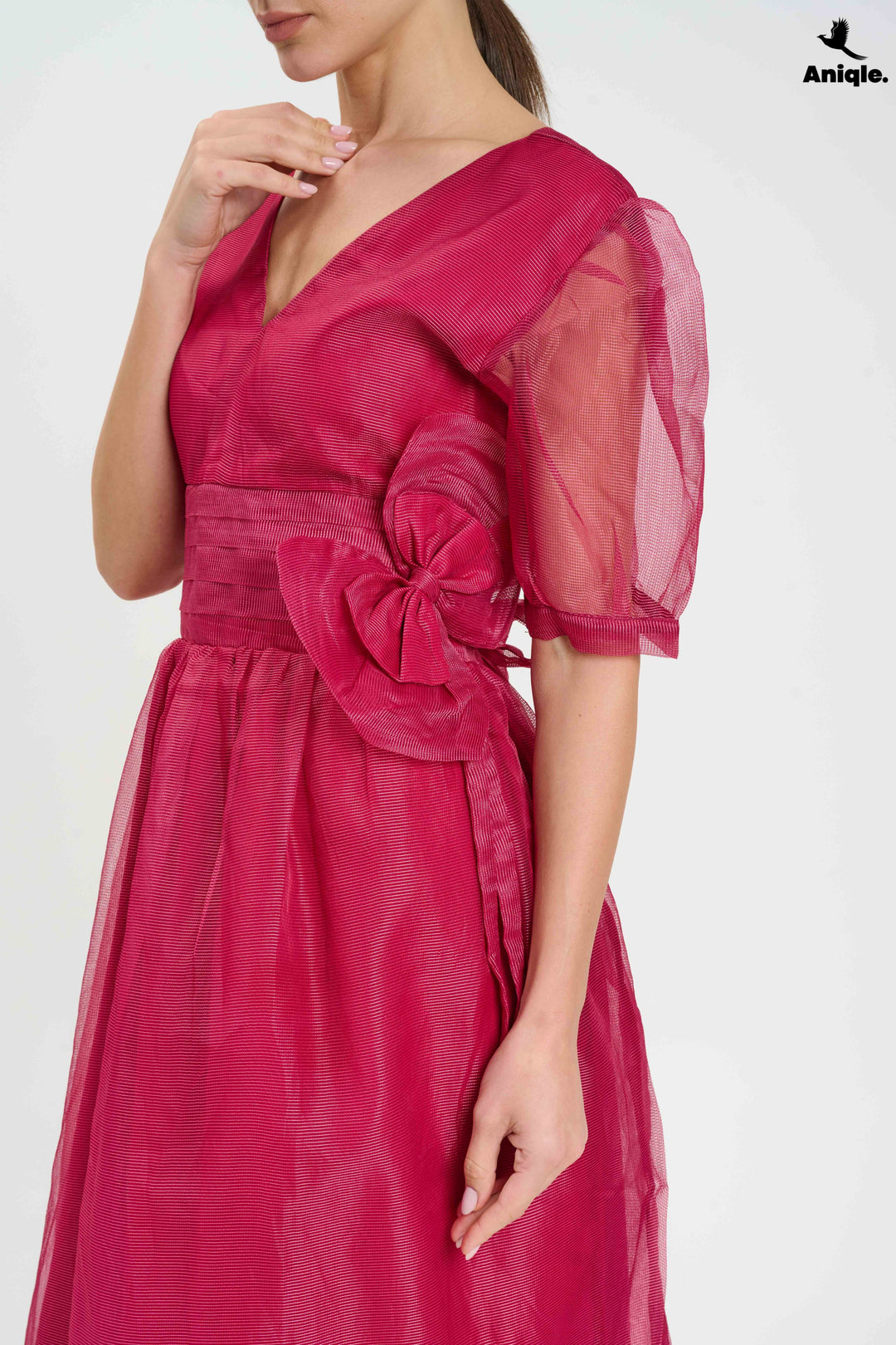 Fuchsia Organza Puff-Sleeve Dress