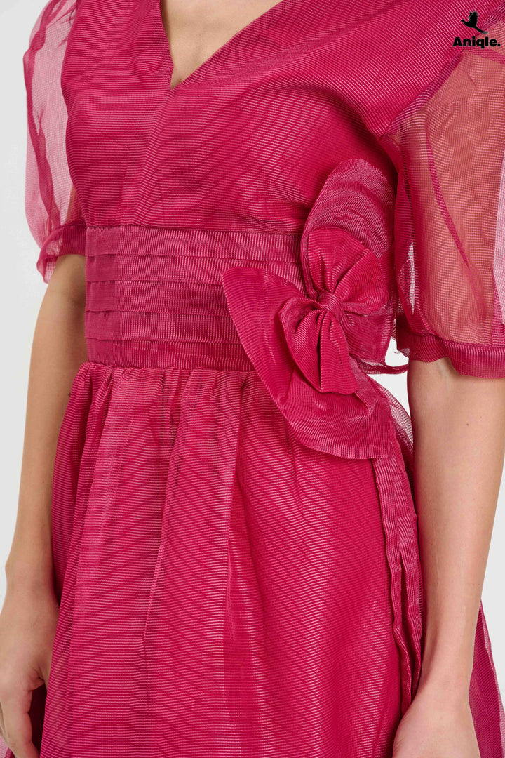 Fuchsia Organza Puff-Sleeve Dress