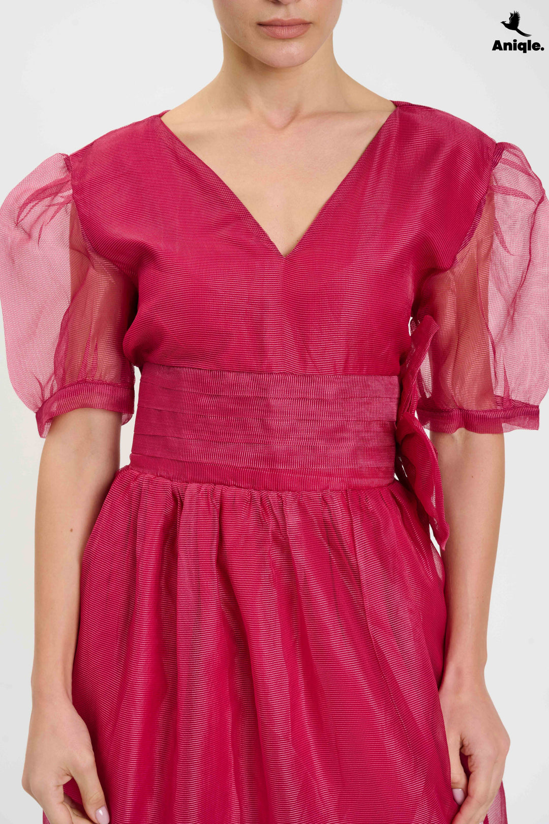 Fuchsia Organza Puff-Sleeve Dress