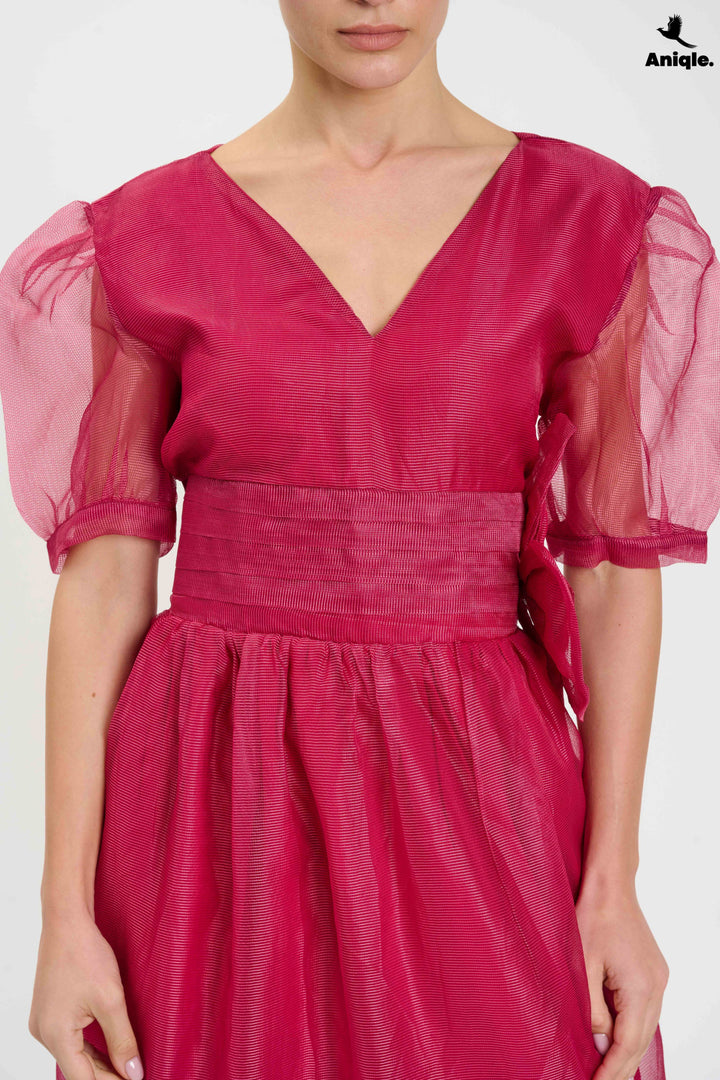Fuchsia Organza Puff-Sleeve Dress
