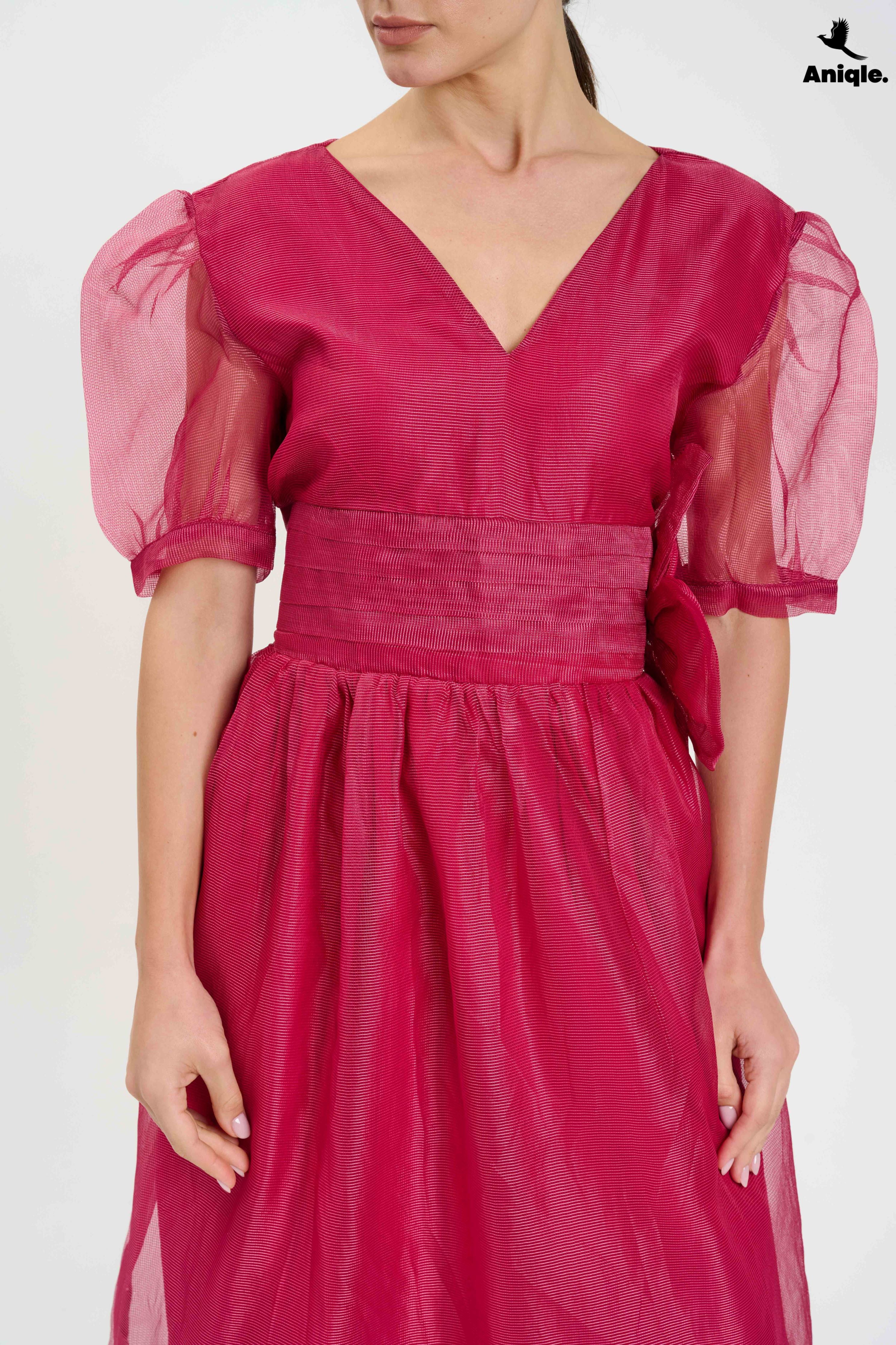 ANQ-10019 Fuchsia Organza Puff-Sleeve Dress