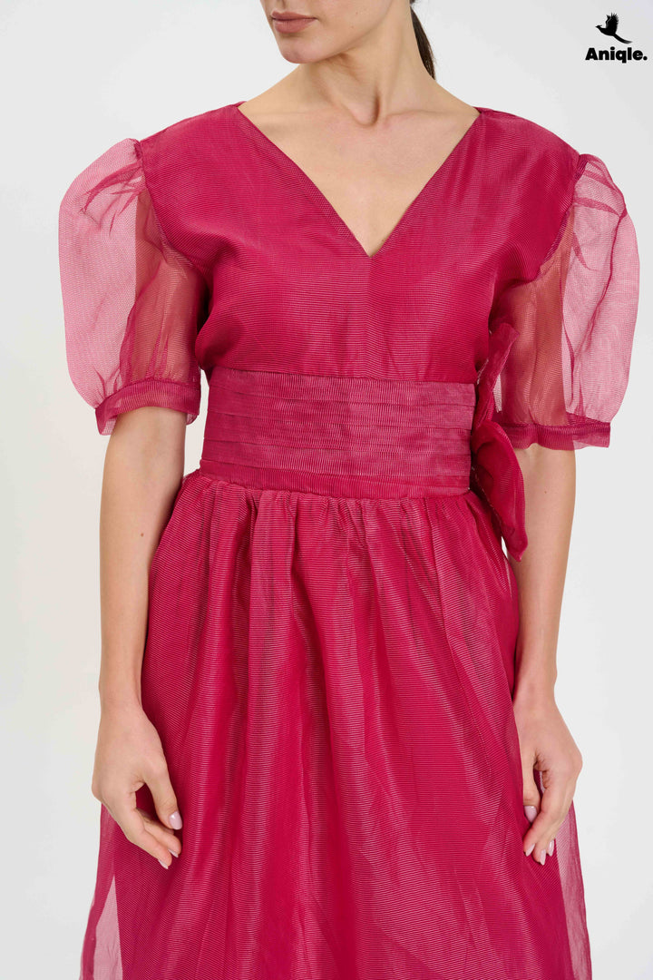 Fuchsia Organza Puff-Sleeve Dress