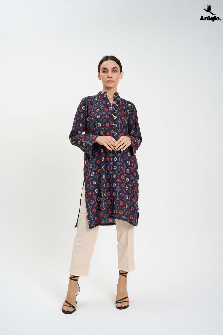 Black Printed Linen Tunic Shirt