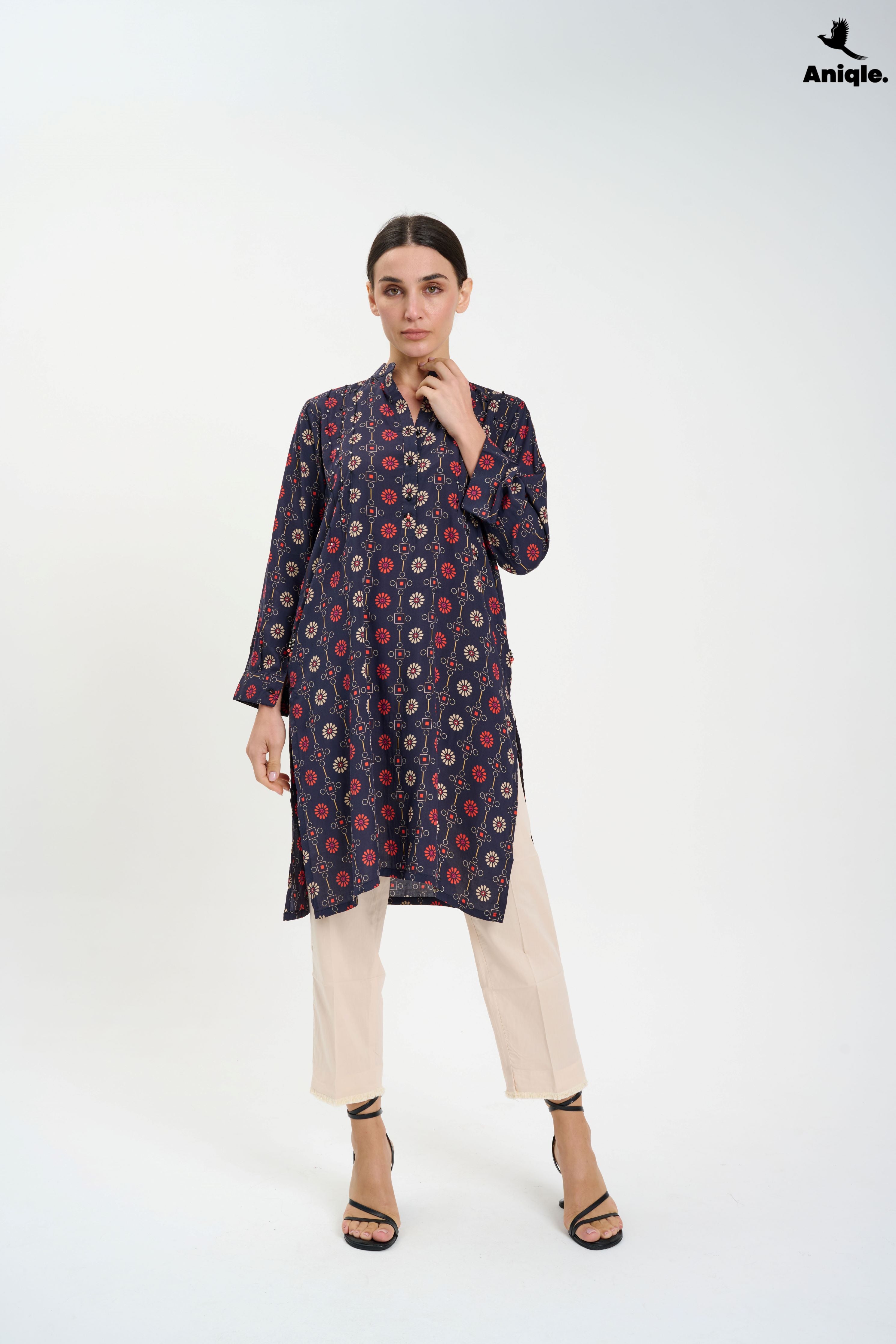 ANQ-10002 Black Printed Linen Tunic Shirt