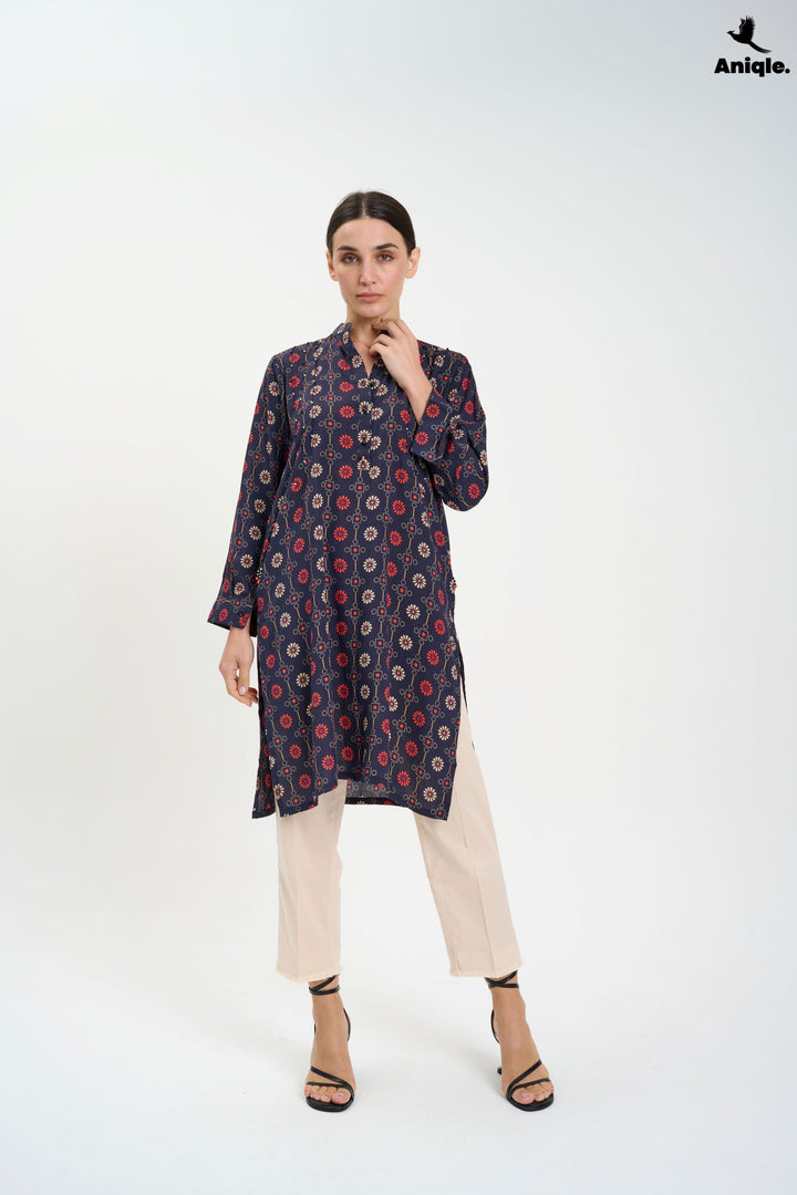 Black Printed Linen Tunic Shirt