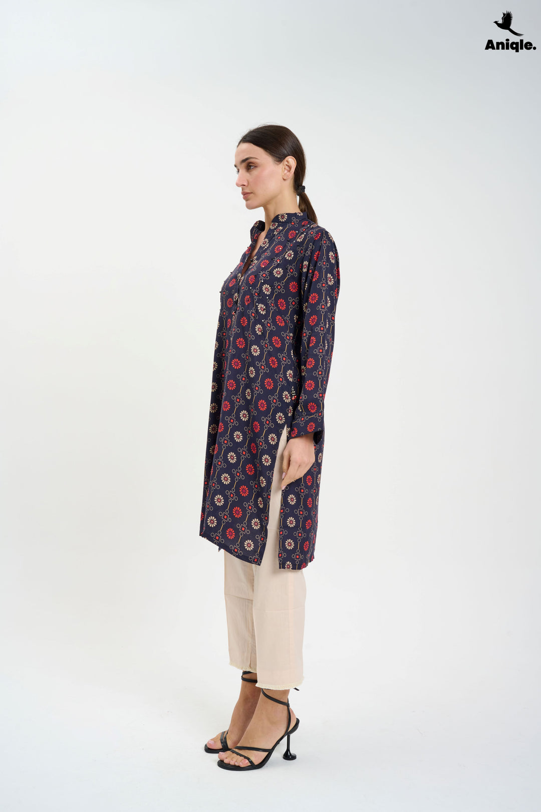 Black Printed Linen Tunic Shirt