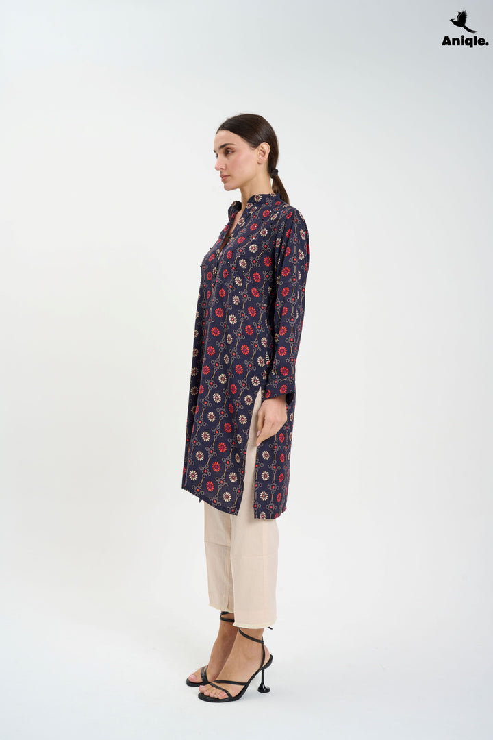 Black Printed Linen Tunic Shirt