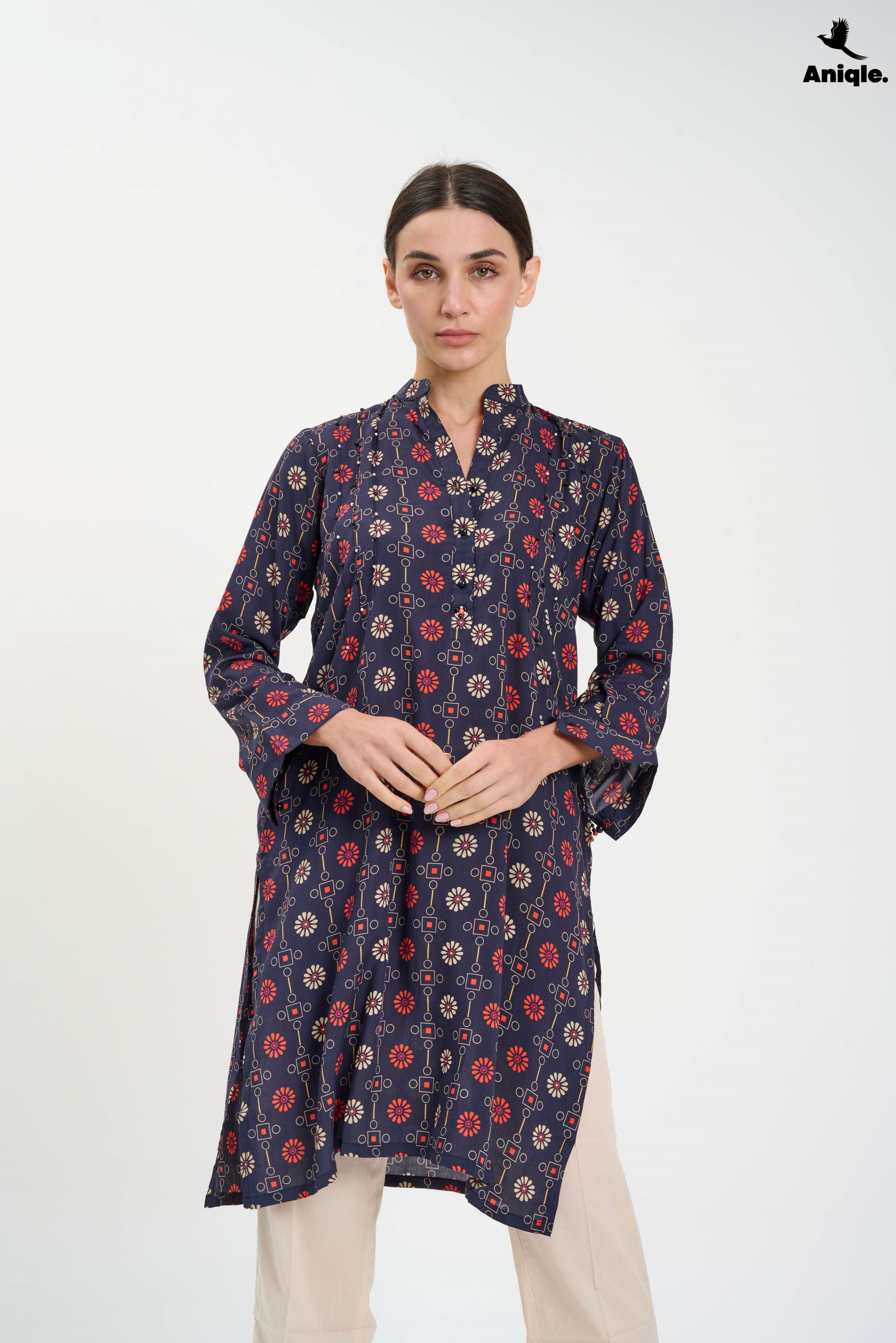 ANQ-10002 Black Printed Linen Tunic Shirt