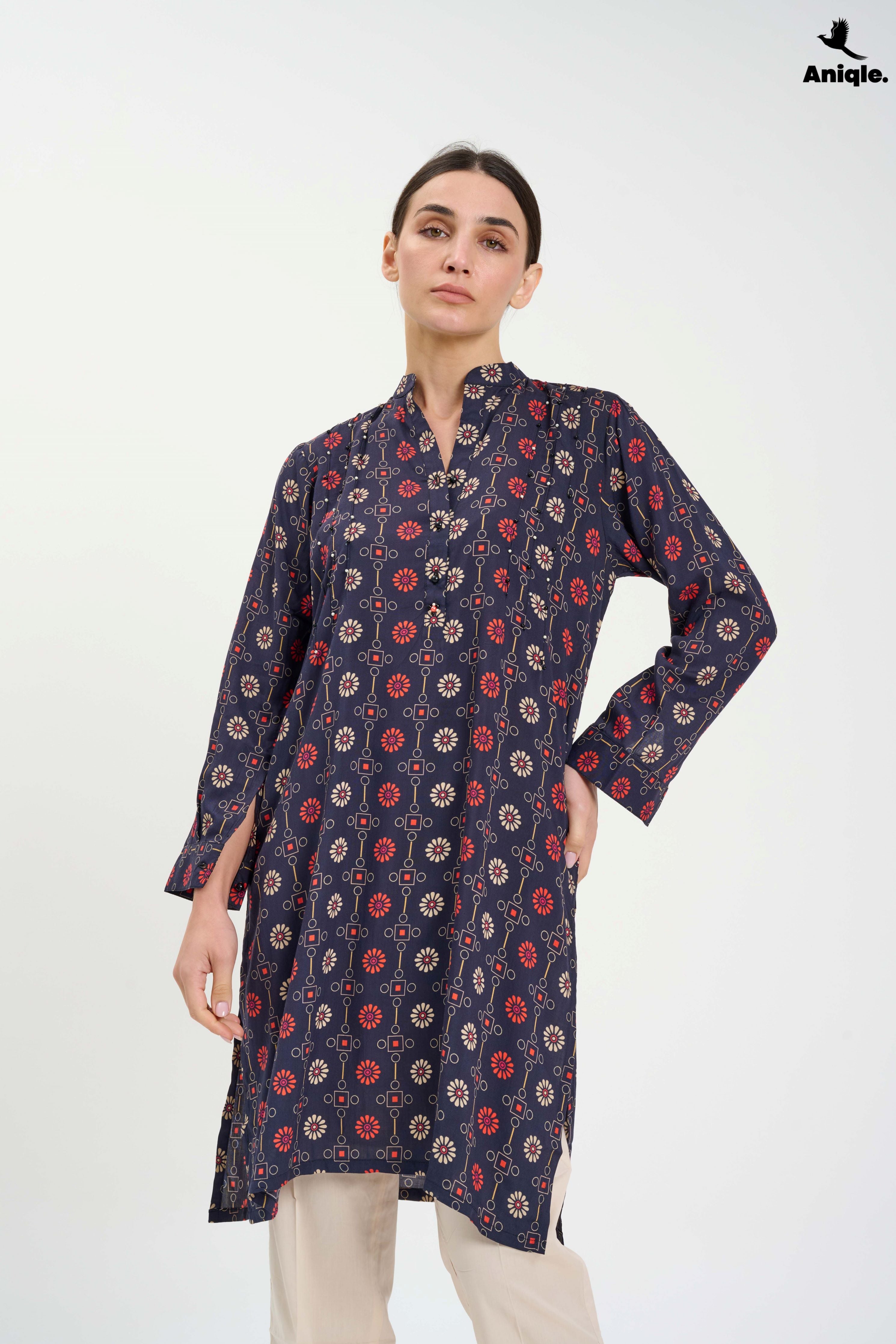 ANQ-10002 Black Printed Linen Tunic Shirt