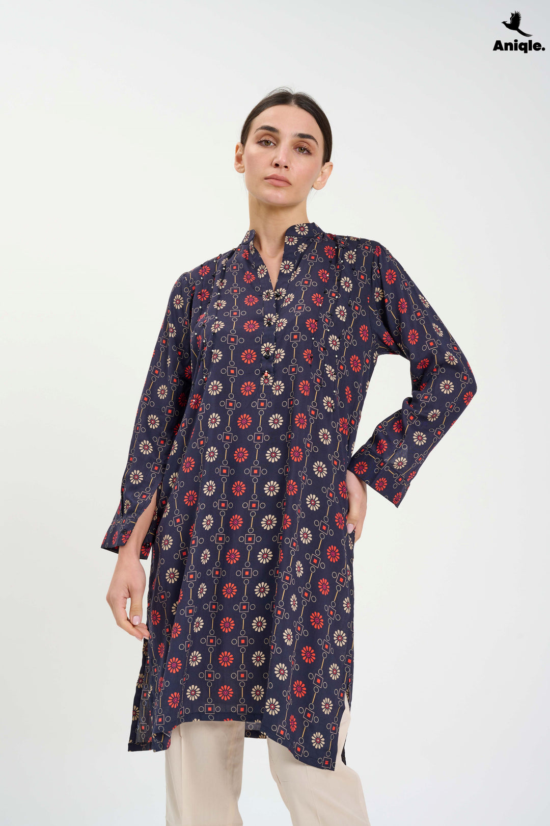 Black Printed Linen Tunic Shirt