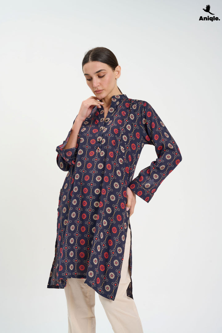 Black Printed Linen Tunic Shirt