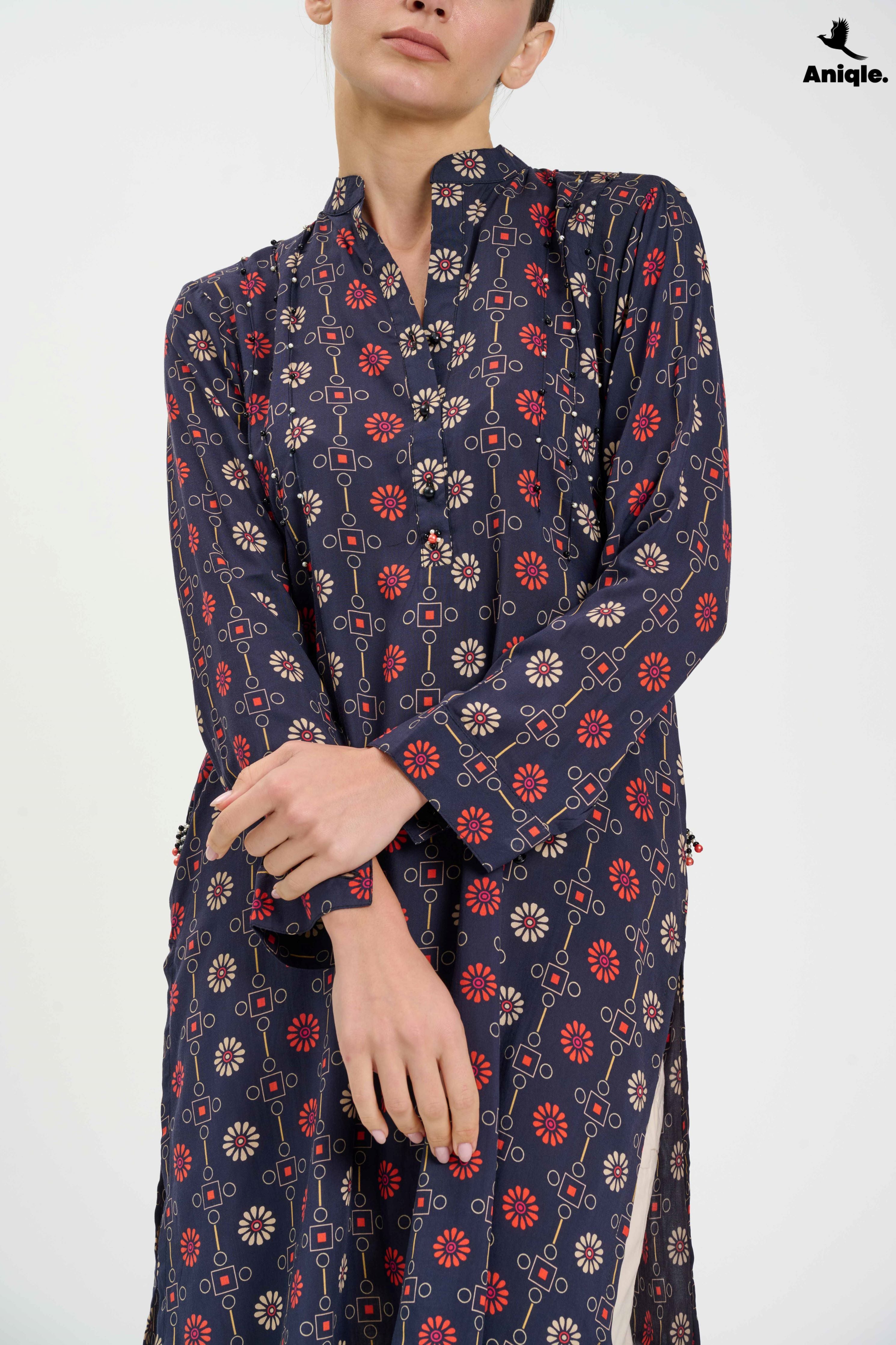 ANQ-10002 Black Printed Linen Tunic Shirt