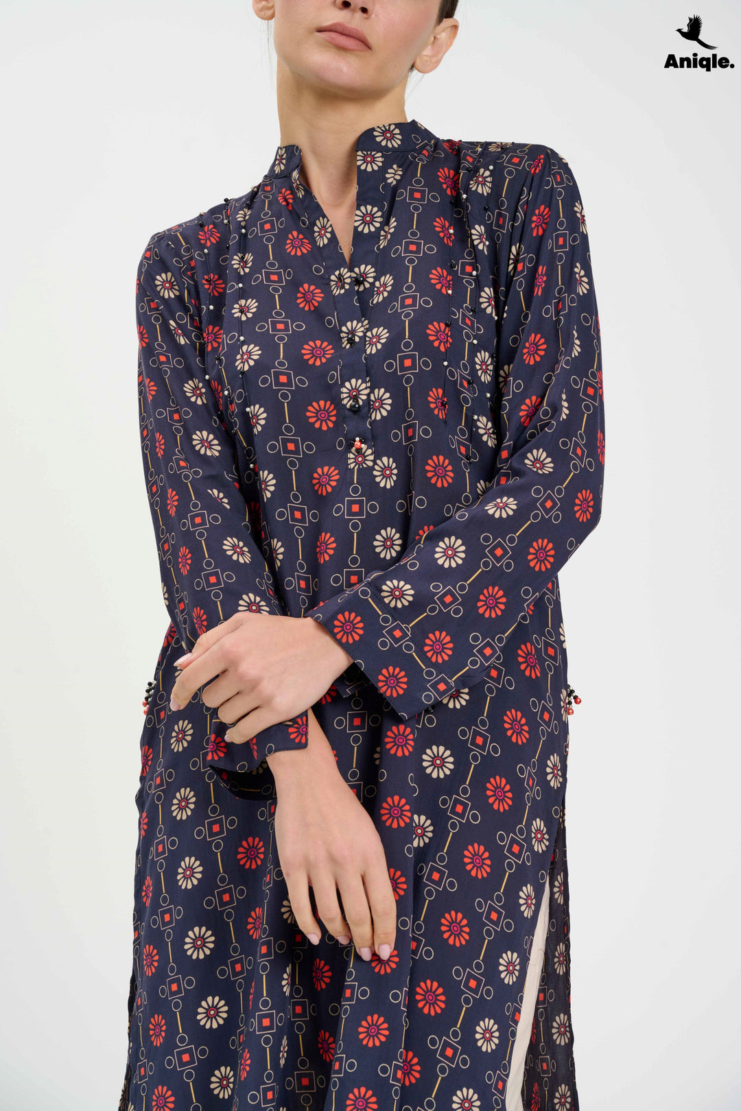 Black Printed Linen Tunic Shirt