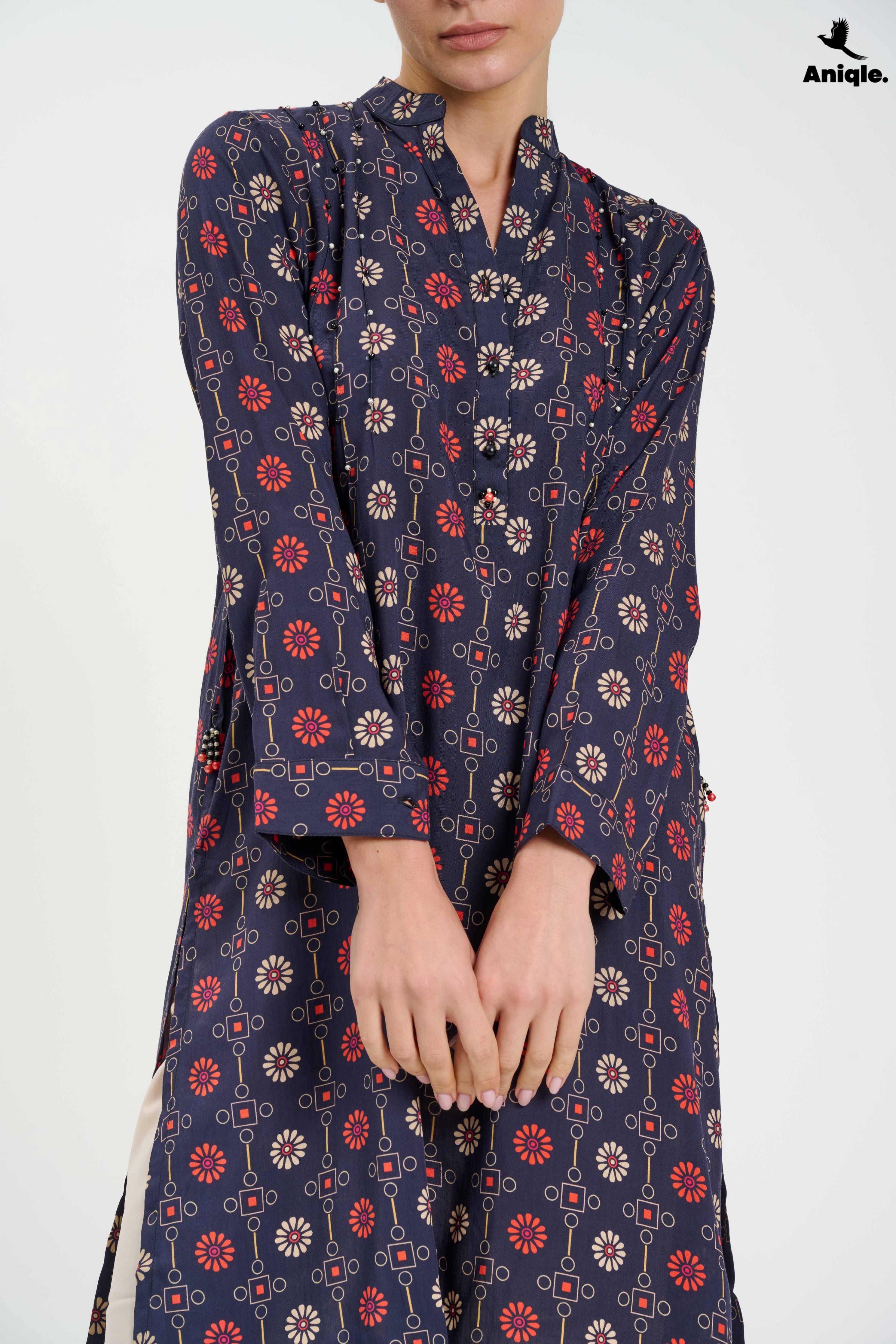 ANQ-10002 Black Printed Linen Tunic Shirt