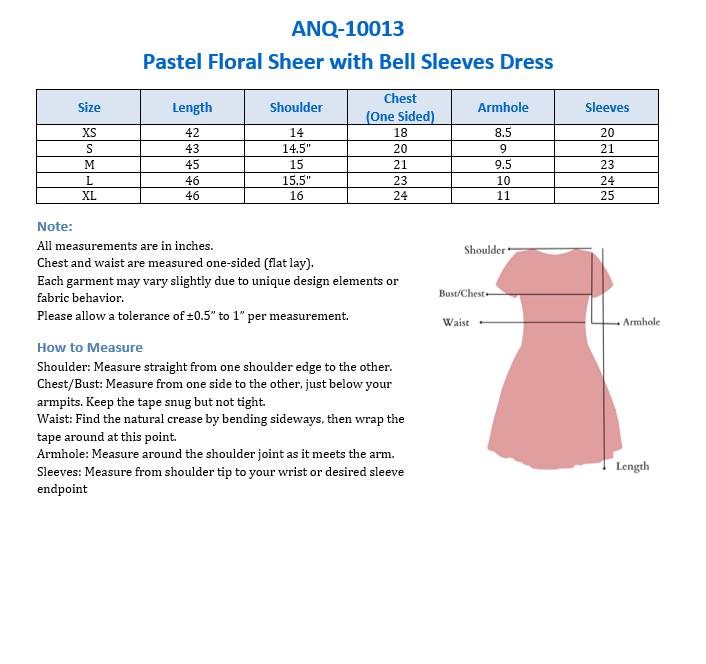 ANQ-10013 Pastel Floral Sheer  with Bell Sleeves Dress