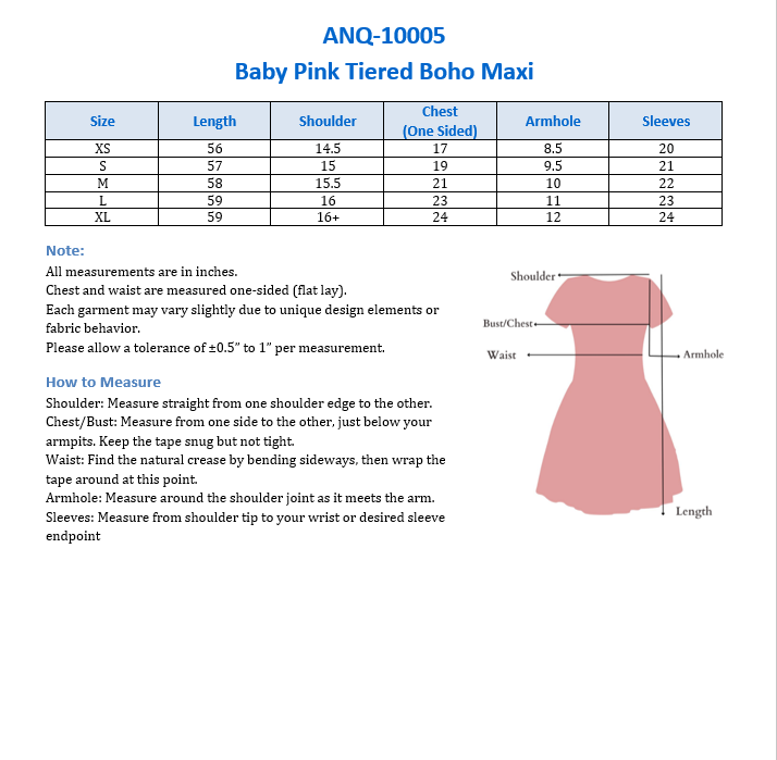 ANQ-10005 Baby Pink  Tiered Boho Maxi