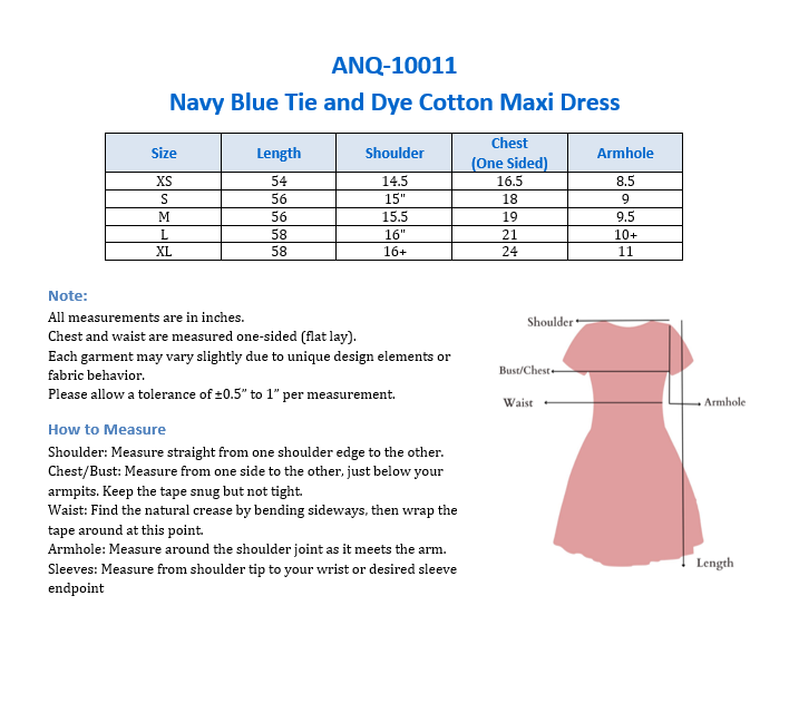 ANQ-10011 Navy Blue Tie and Dye Cotton Maxi Dress