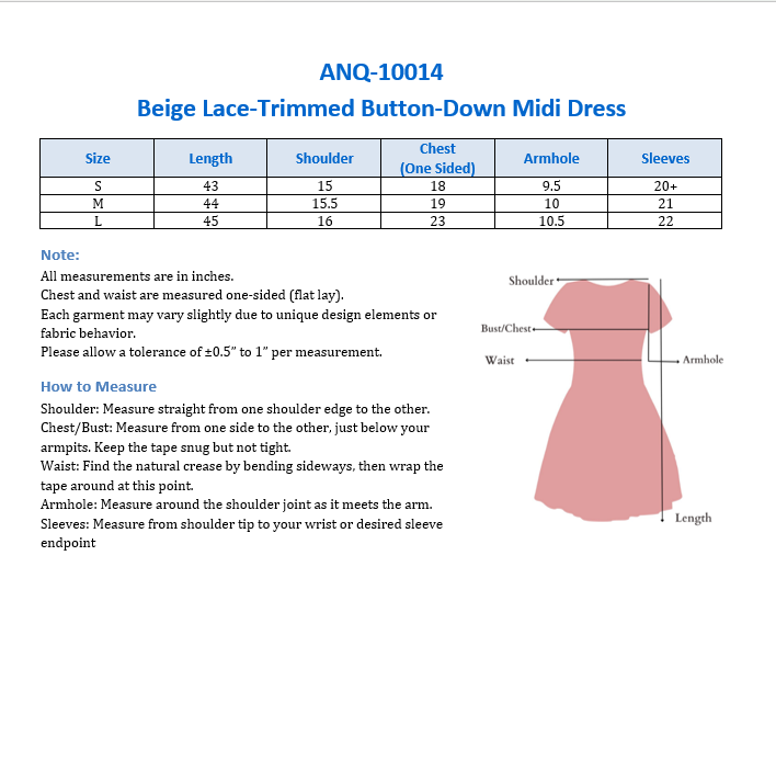 ANQ-10014 Beige Lace-Trimmed Button-Down Midi Dress