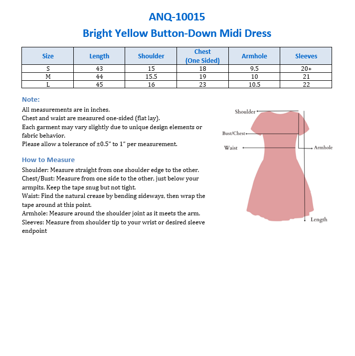 ANQ-10015 Bright Yellow Button-Down Midi Dress