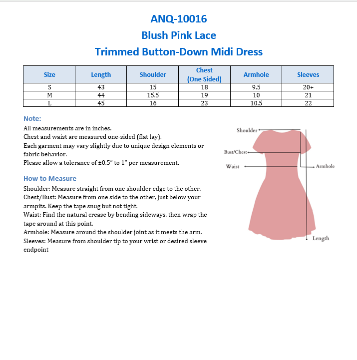ANQ-10016 Blush Pink Lace-Trimmed Button-Down Midi Dress