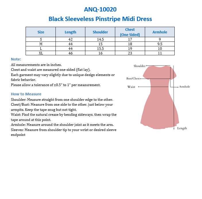 ANQ-10020 Black Sleeveless Pinstripe Midi Dress