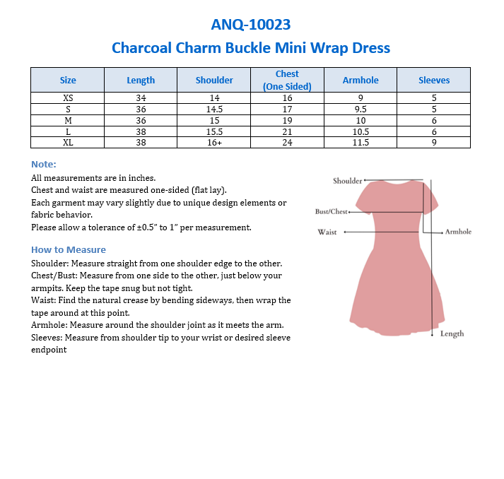 ANQ-10023 Charcoal Charm Buckle Mini Wrap Dress