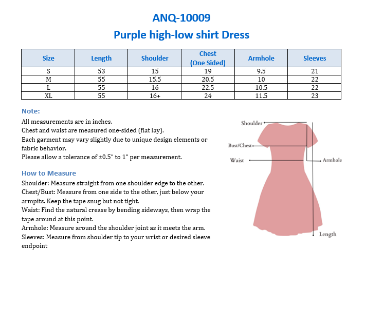 ANQ-10009 Purple high-low shirt  Dress