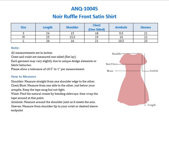 ANQ-10045-Noir Ruffle Front Satin Shirt