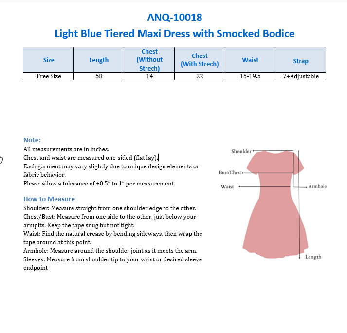 ANQ-10018 Light Blue Tiered Maxi Dress with Smocked Bodice