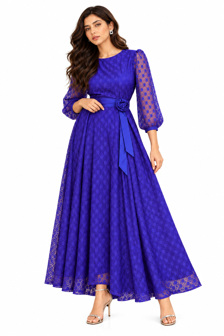 Celestine Royal Blue Sheer Overlay Gown