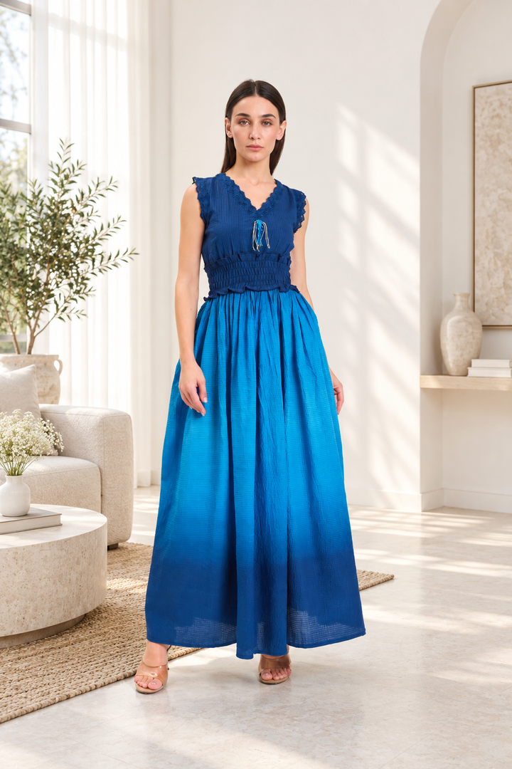 Navy Blue Tie and Dye Cotton Maxi Dress
