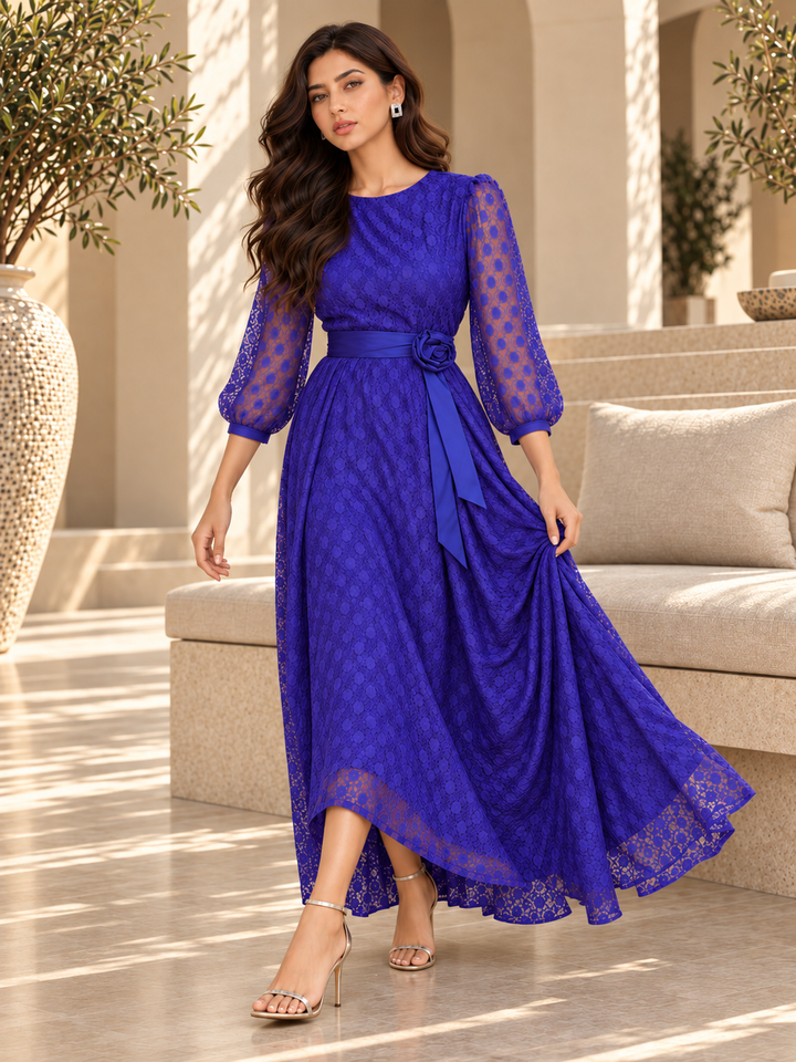 Celestine Royal Blue Sheer Overlay Gown