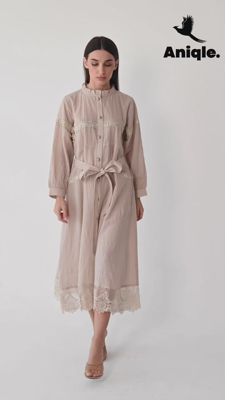 Beige Lace-Trimmed Button-Down Midi Dress