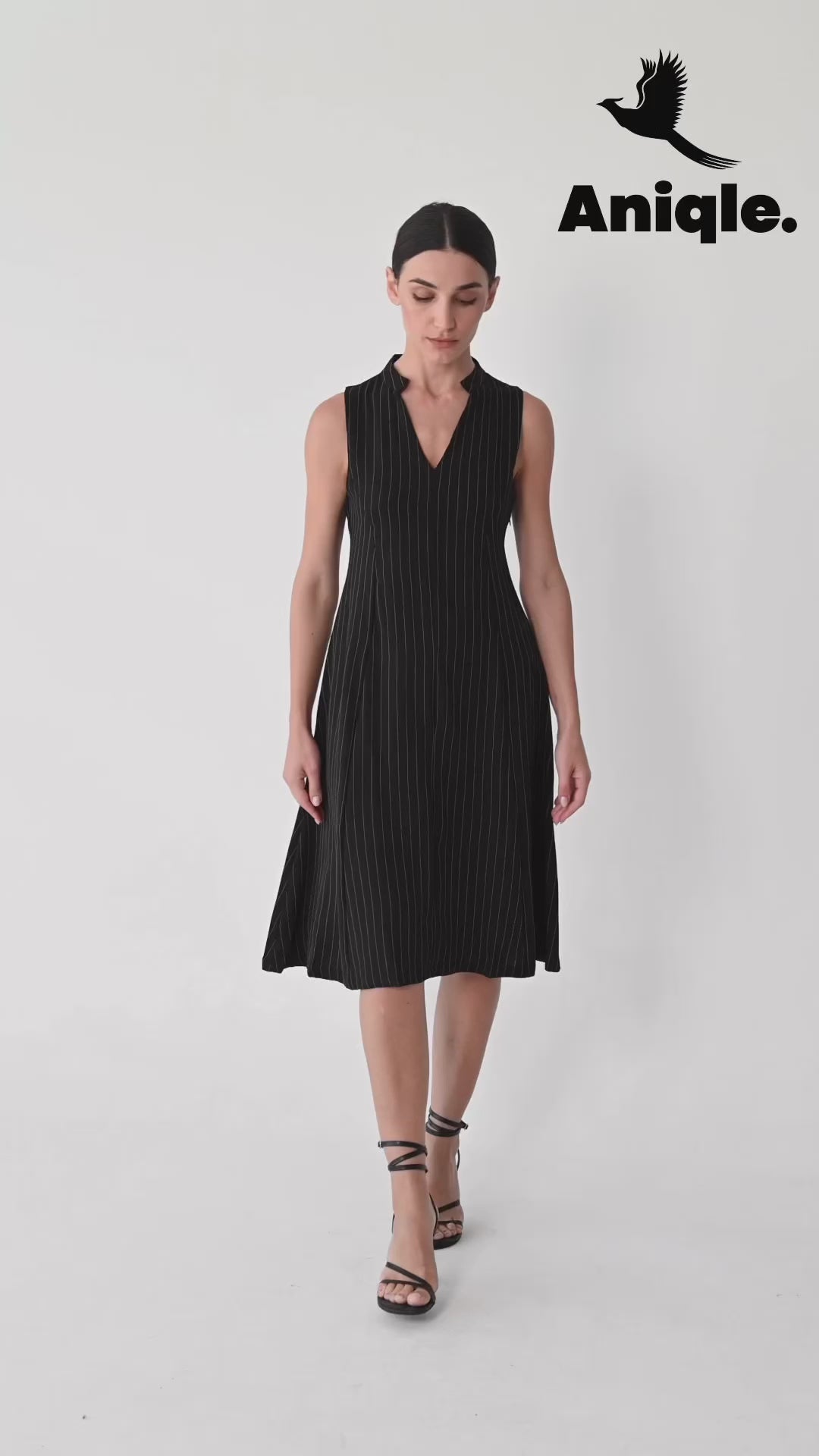 Black Sleeveless Pinstripe Midi Dress