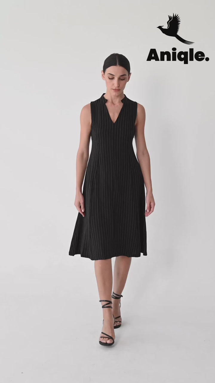 Black Sleeveless Pinstripe Midi Dress