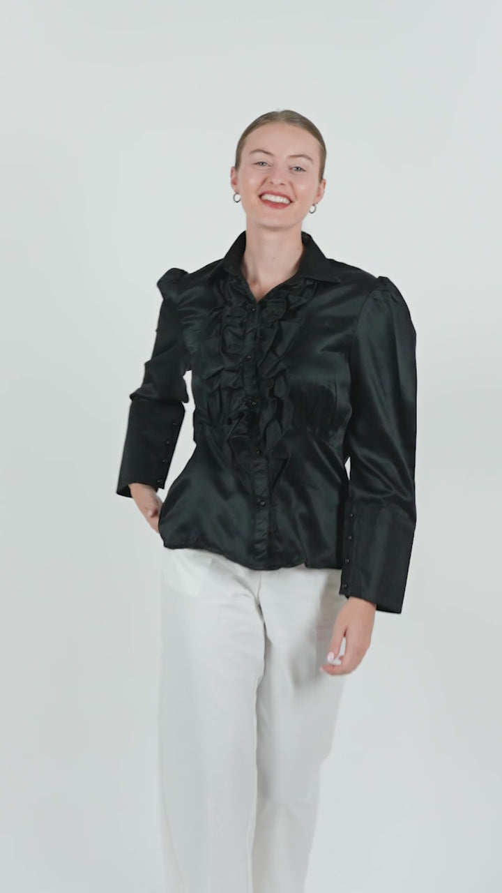 Noir Ruffle Front Satin Shirt
