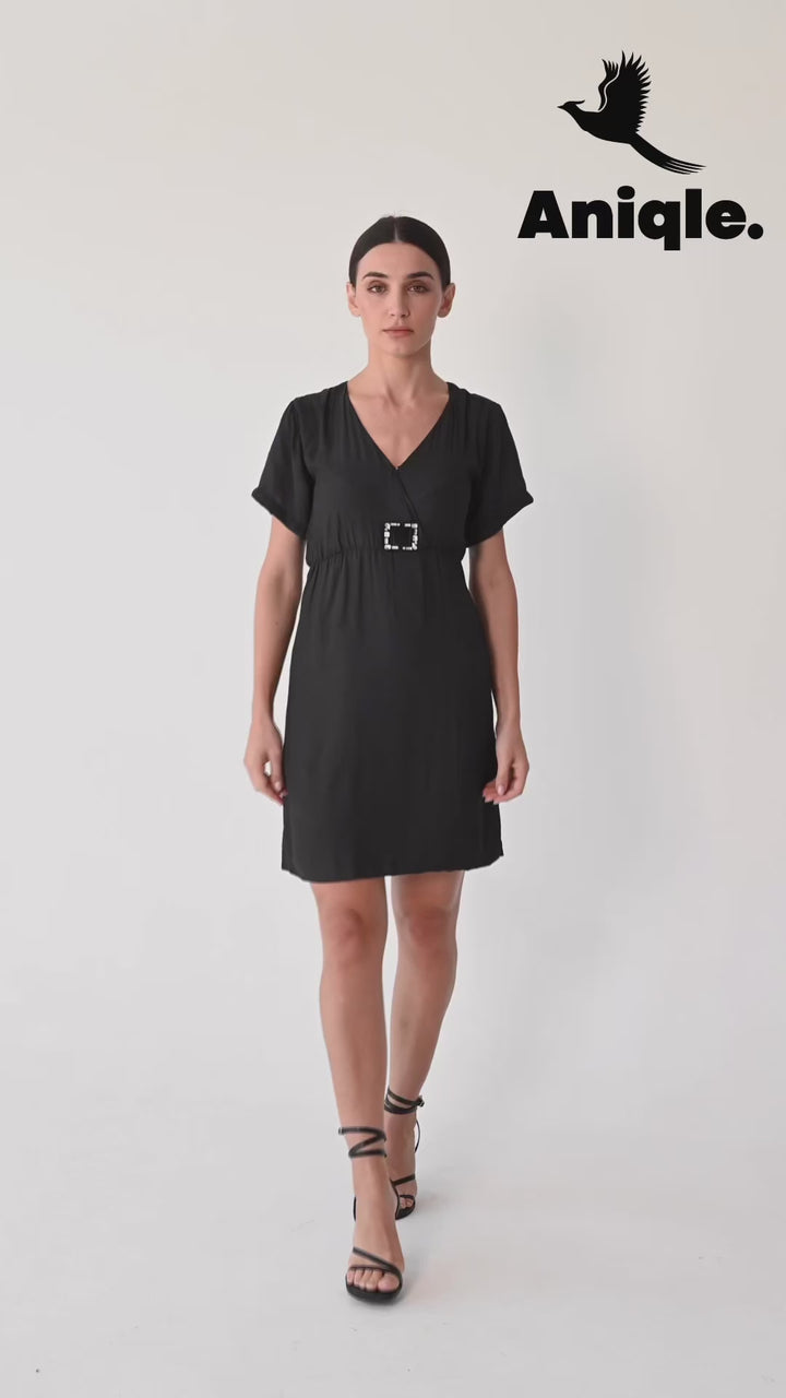 Charcoal Charm Buckle Mini Wrap Dress