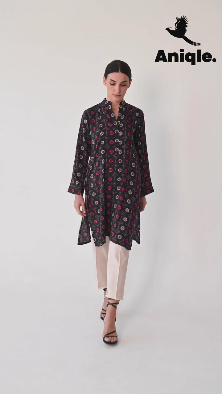 Black Printed Linen Tunic Shirt