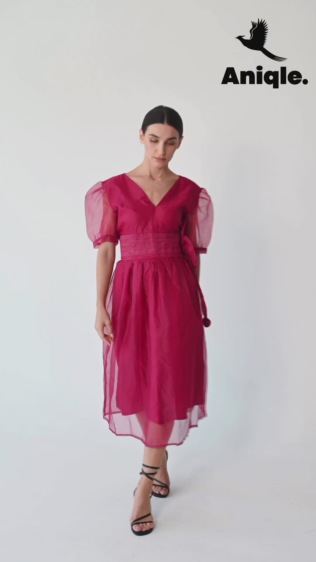 Fuchsia Organza Puff-Sleeve Dress