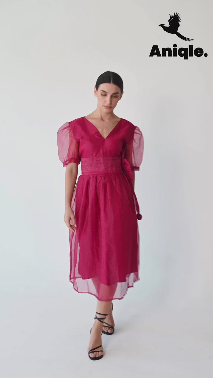 Fuchsia Organza Puff-Sleeve Dress