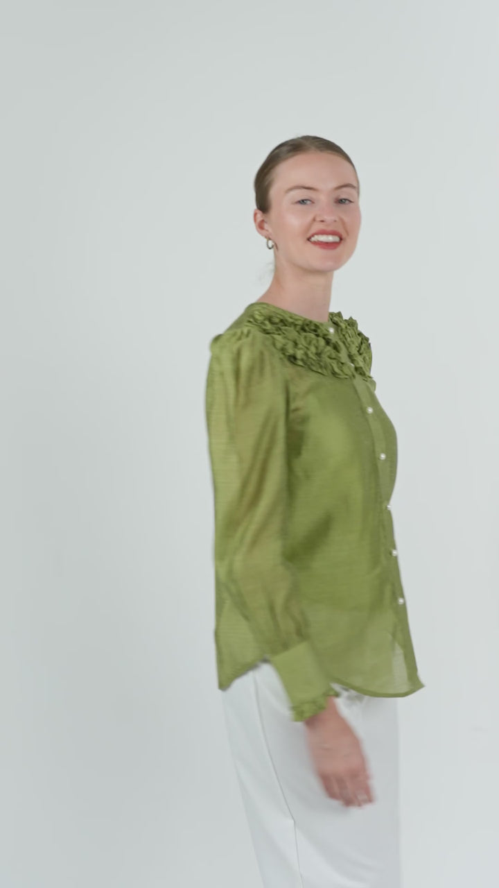 Olive Frill Cotton Net Shirt