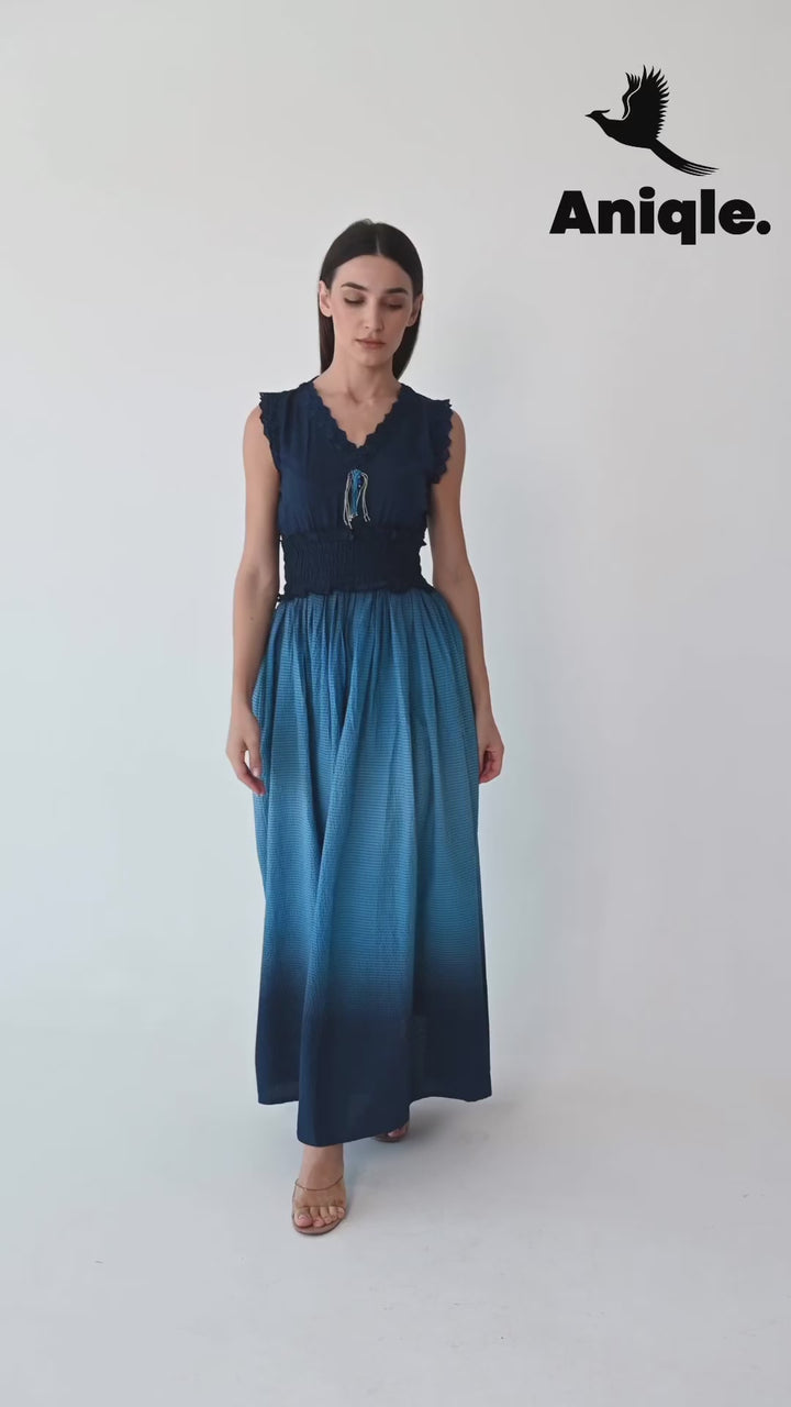 Navy Blue Tie and Dye Cotton Maxi Dress