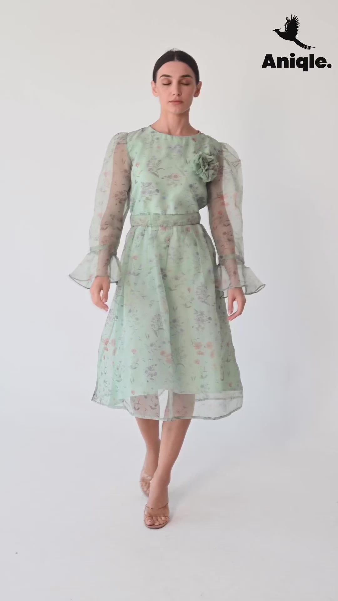 Pastel Floral Sheer  with Bell Sleeves Dress