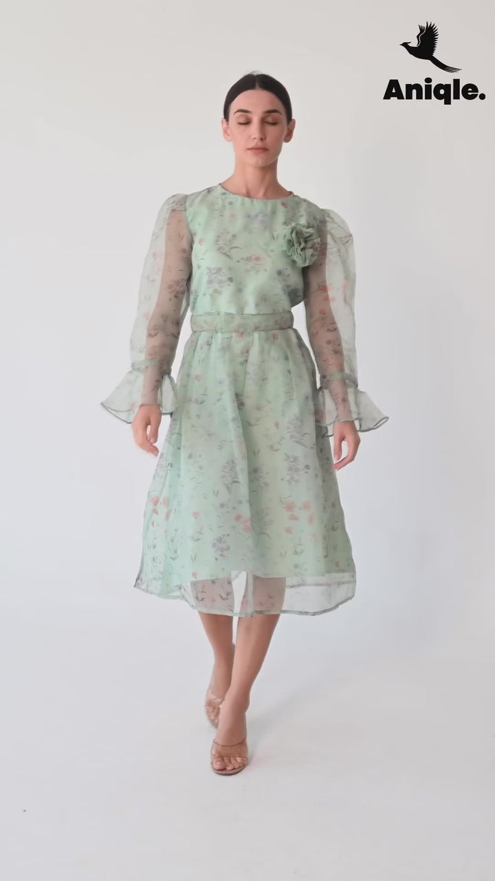 Pastel Floral Sheer  with Bell Sleeves Dress