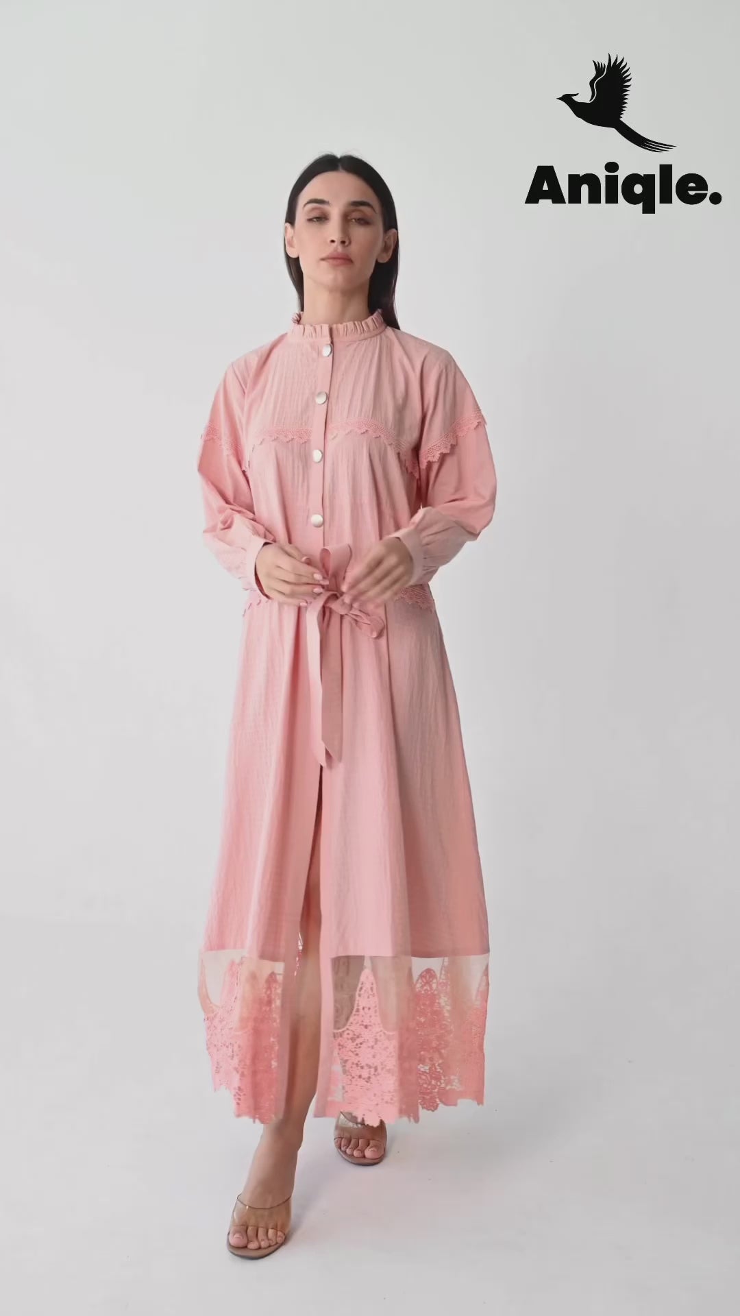 Blush Pink Lace-Trimmed Button-Down Midi Dress